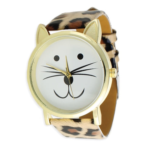 Happy Cat Face Watch with Leopard Band - The Good Cat Company
