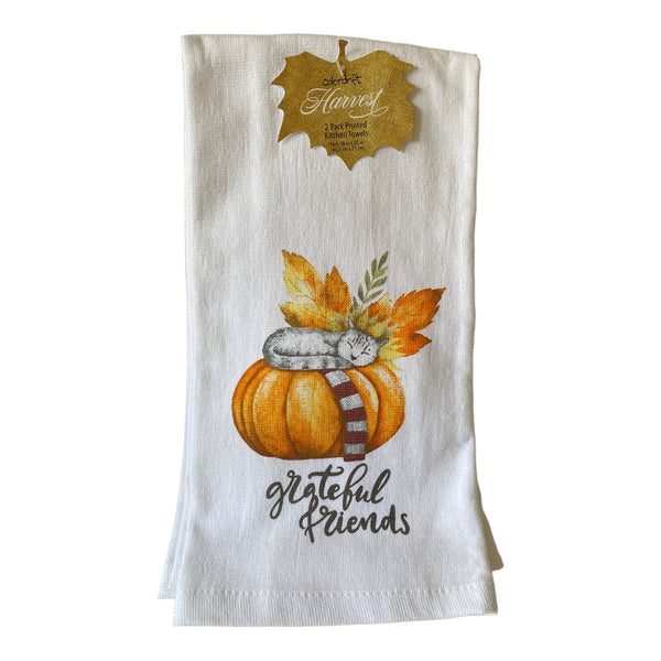Autumn Tabby Cat on Pumpkin & Leaves Grateful Friends Kitchen Towel Set