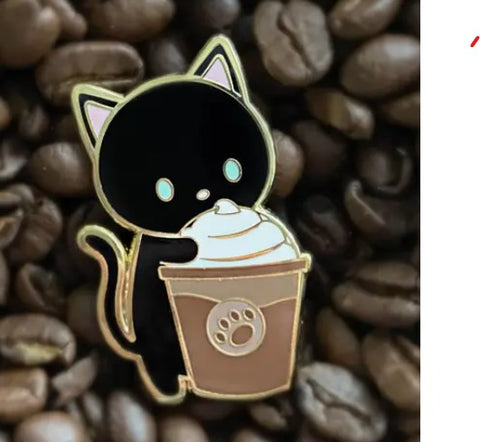 Black Cat with Coffee Mocha Frappuccino Enamel Pin