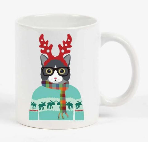 Hipster Gray Cat in Reindeer Antlers 11oz Coffee Mug