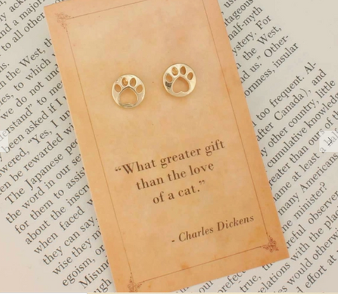 Cat Pawprint Earrings on Charles Dickens Literary Card