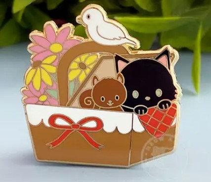 Sweet Black Cat & Squirrel in Picnic Basket Enamel Pin