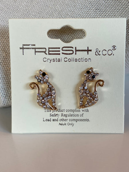 Retro Stylized Silver & Crystal Cat Earrings