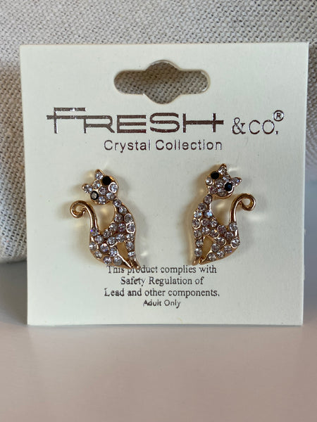 Retro Stylized Silver & Crystal Cat Earrings