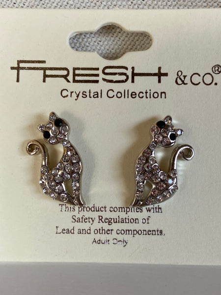 Retro Stylized Silver & Crystal Cat Earrings