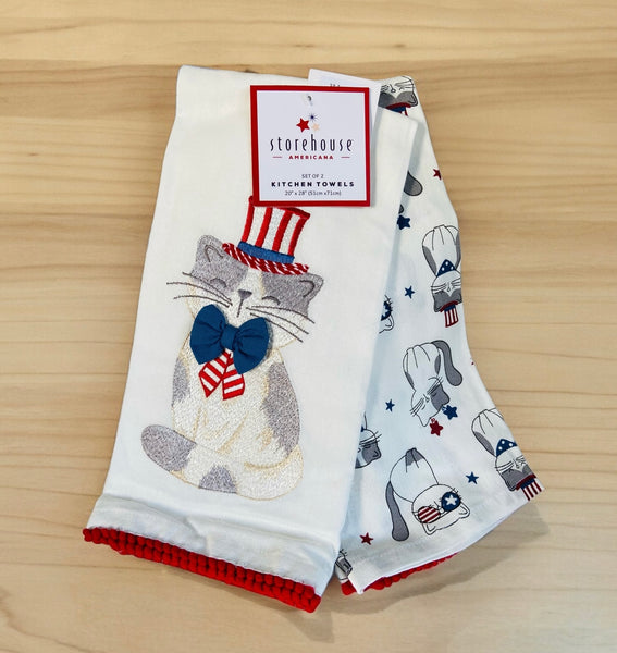 Sweet Patriotic Embroidered Cat Tea Towels