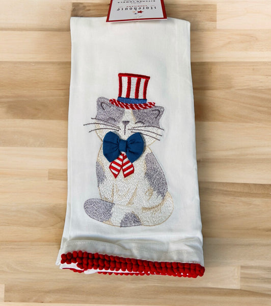 Sweet Patriotic Embroidered Cat Tea Towels