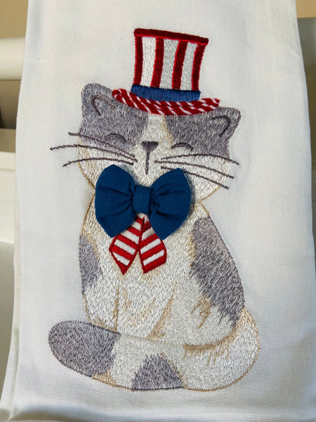 Sweet Patriotic Embroidered Cat Tea Towels