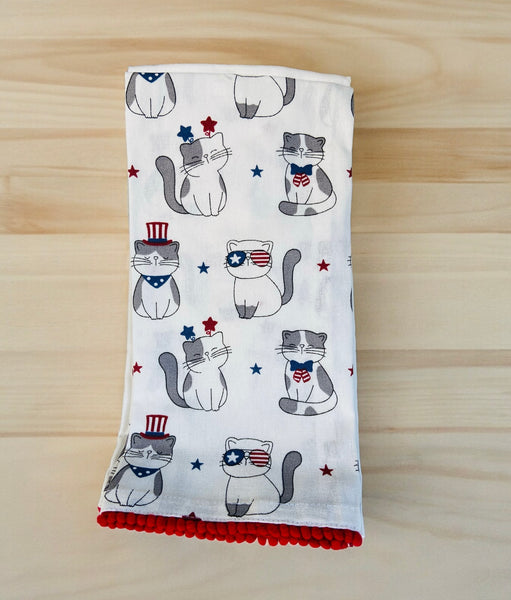 Sweet Patriotic Embroidered Cat Tea Towels