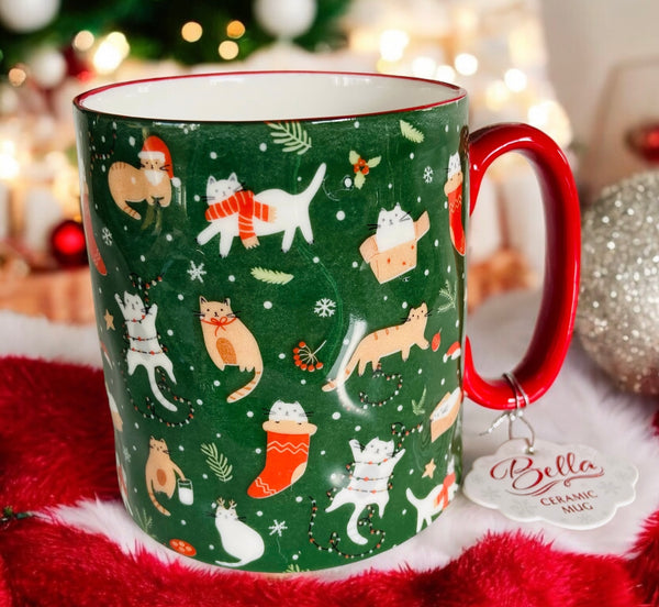 Multi Cats & Christmas Green 16oz Mug