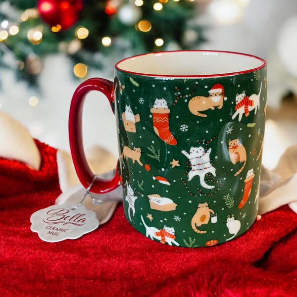 Multi Cats & Christmas Green 16oz Mug