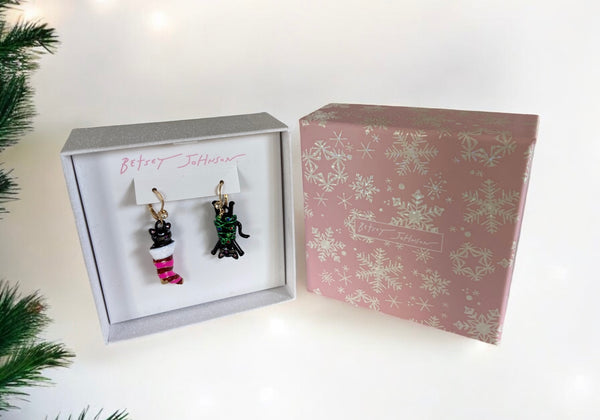 Christmas Black Cat Dangle Earrings