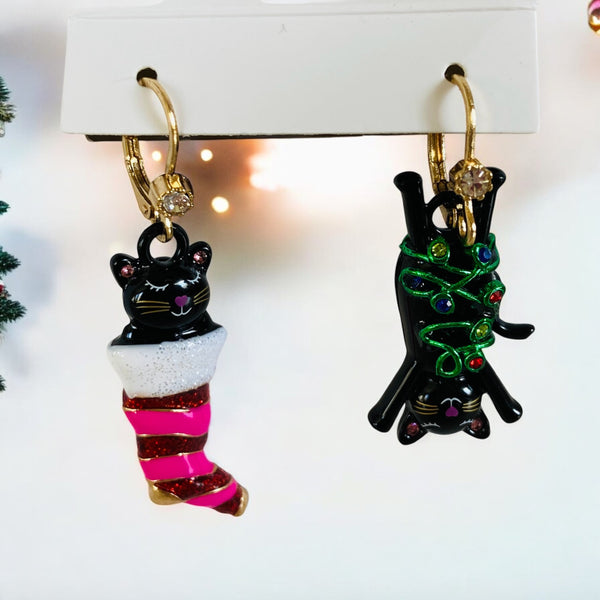 Christmas Black Cat Dangle Earrings