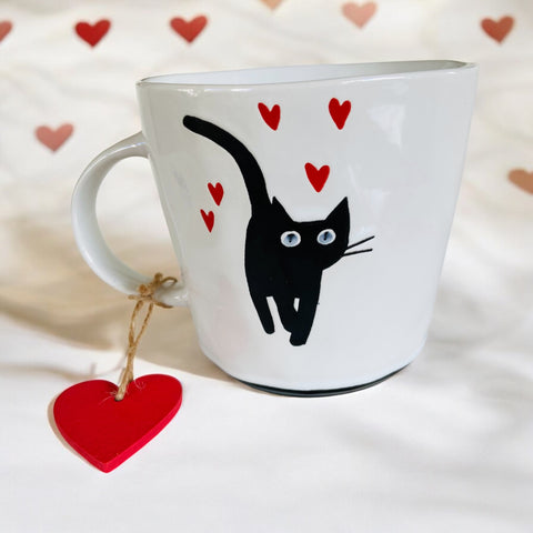 Hand painted Black Cat & Hearts Coffee Mug