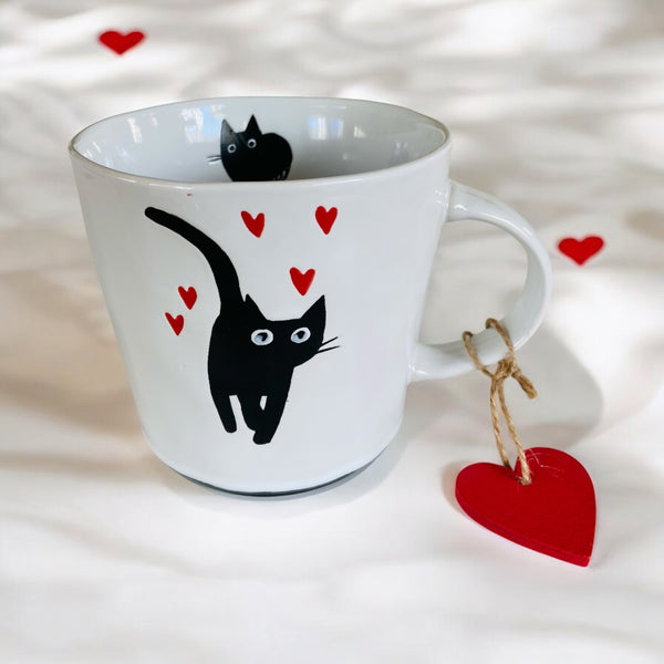 Hand painted Black Cat & Hearts Coffee Mug