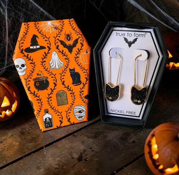 Black Cat & Gold Drop Earrings