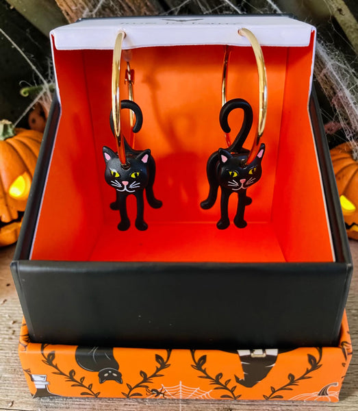 Black Cat Swinging Hoop Earrings