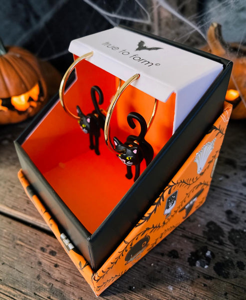 Black Cat Swinging Hoop Earrings