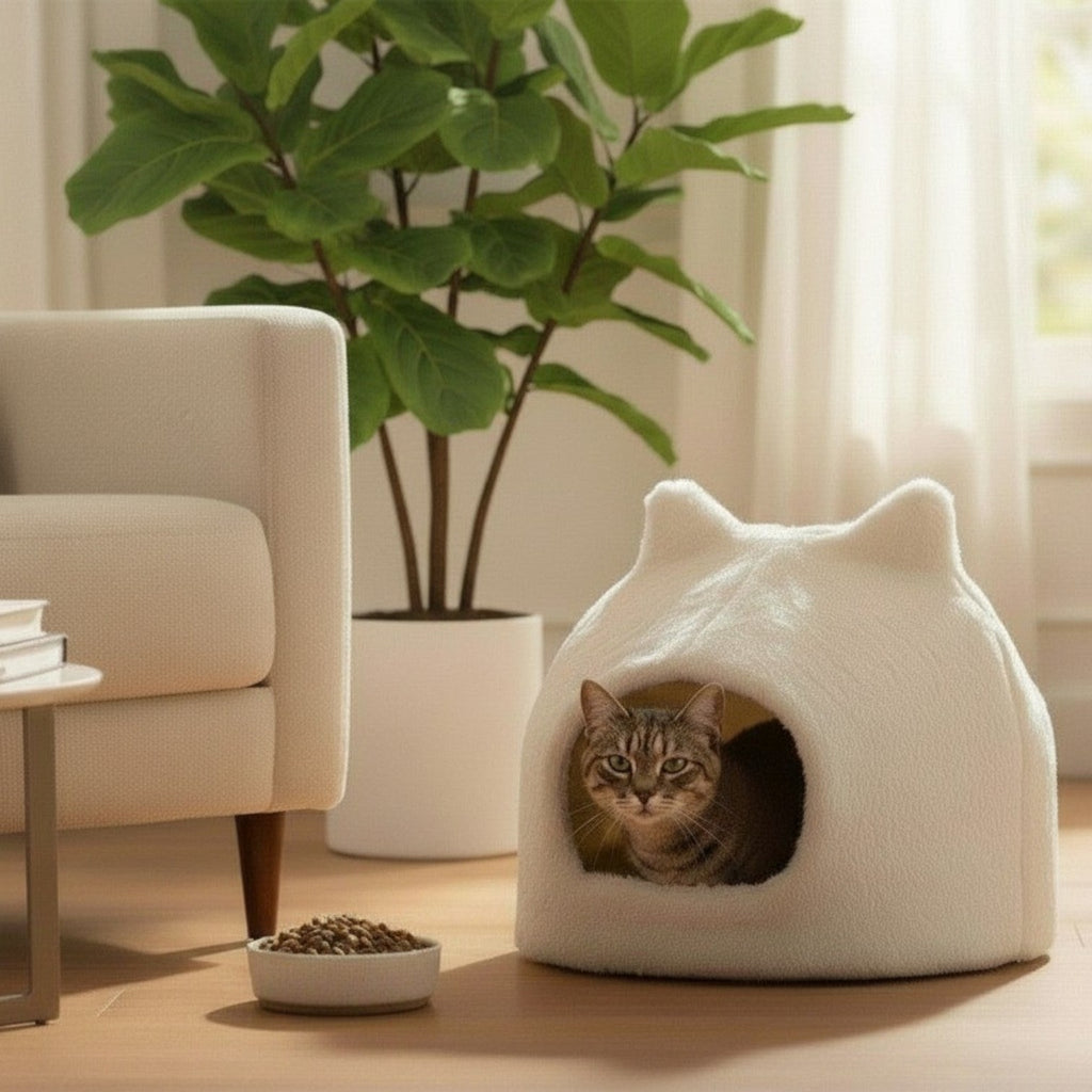 Ivory Faux Fur Cat Hut Bed