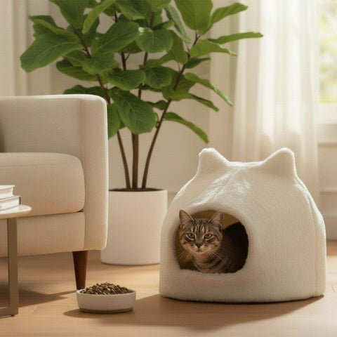 Ivory Faux Fur Cat Hut Bed