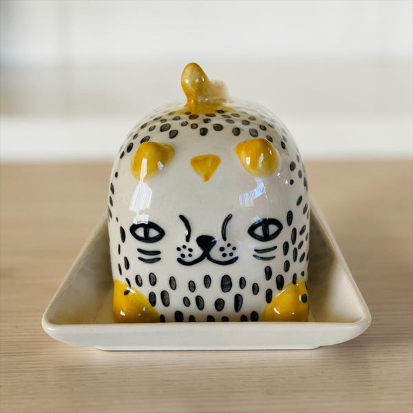 Hand Painted Whimsical Cat Butter Dish