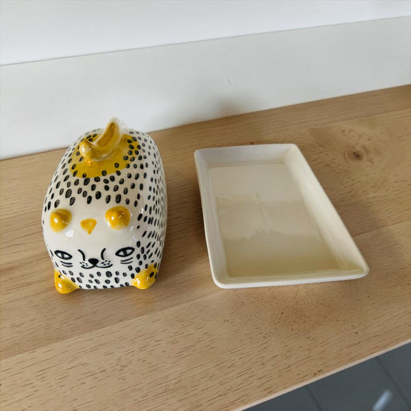 Hand Painted Whimsical Cat Butter Dish