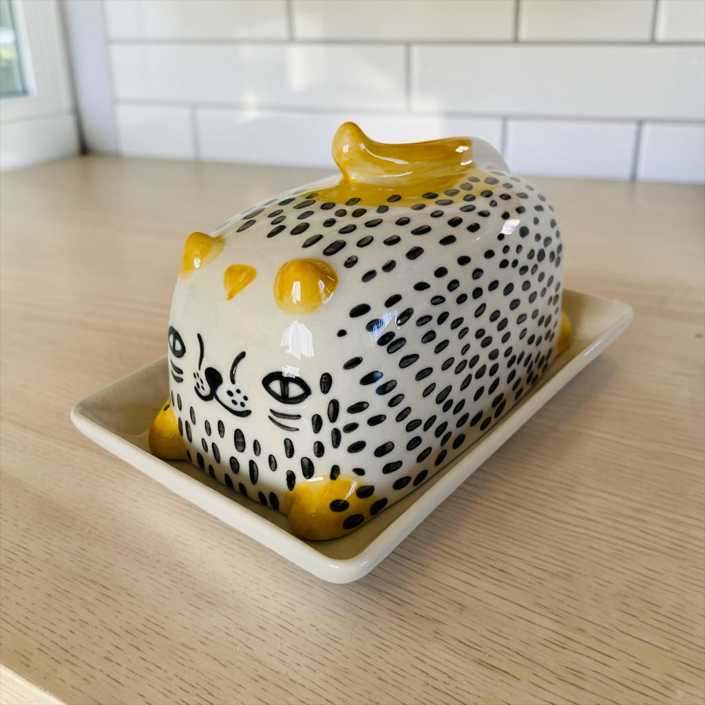 Hand Painted Whimsical Cat Butter Dish