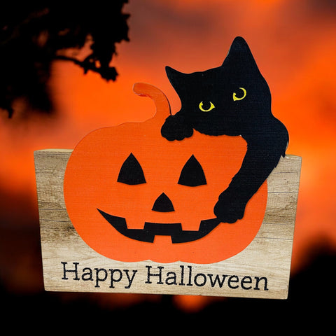 Black Cat & Pumpkin Halloween Sign
