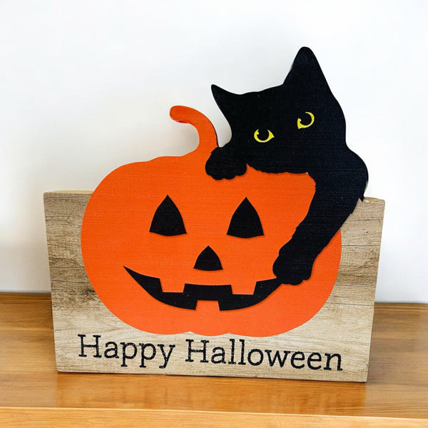Black Cat & Pumpkin Halloween Sign