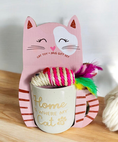 Home is Where My Cat is Mug & Cat Toy Gift Set