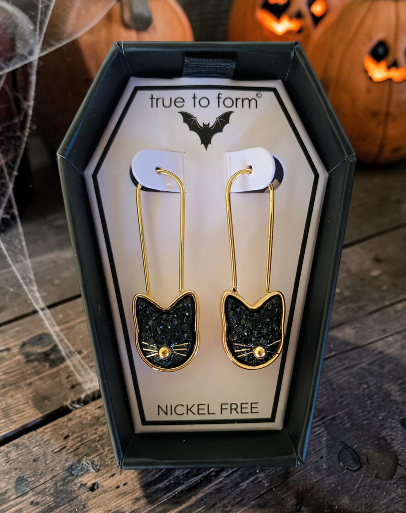 Black Cat & Gold Drop Earrings