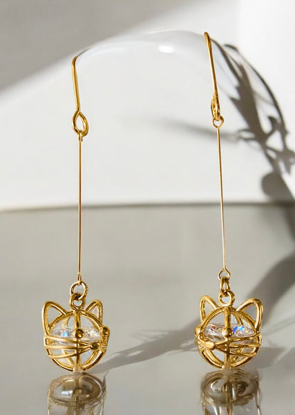 Gold with Diamond Cut Crystal Cat Face Pierced Earrings