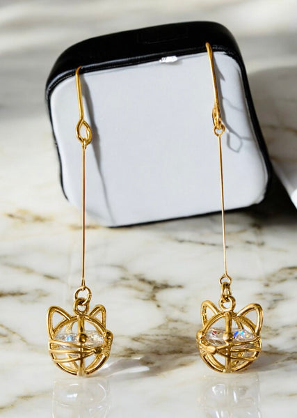 Gold with Diamond Cut Crystal Cat Face Pierced Earrings