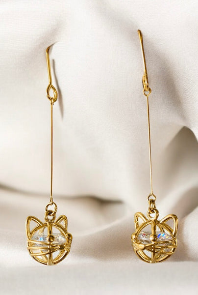 Gold with Diamond Cut Crystal Cat Face Pierced Earrings