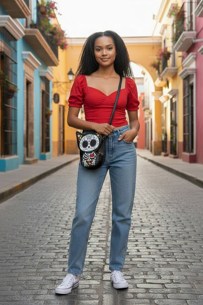 Floral Sugar Skull Cat Crossbody Bag