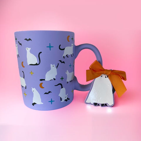 Playful Purple Ghost Cat Mug