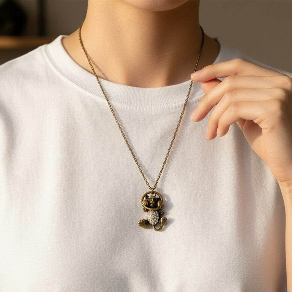 Antique Gold Finish Hang in There Cat Necklace