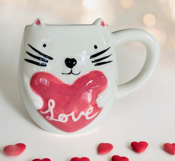 Pink and White Cat & Heart Love Mug