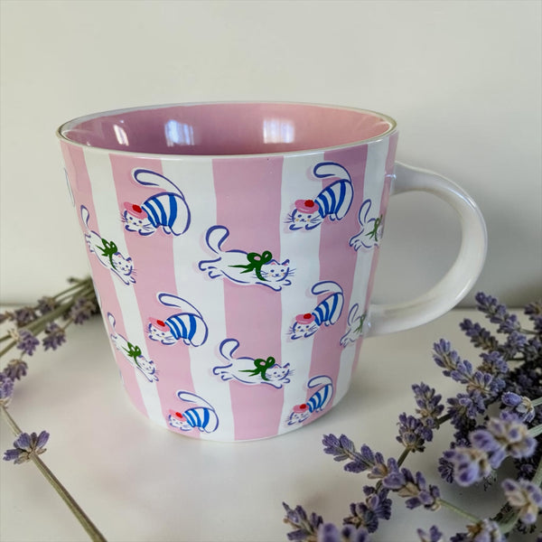 Très Chic French Cats Pink & White Striped Mug