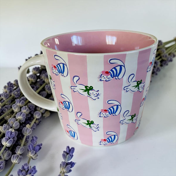 Très Chic French Cats Pink & White Striped Mug