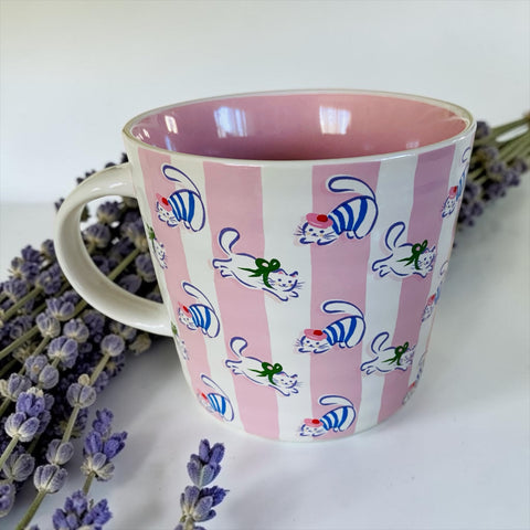 Très Chic French Cats Pink & White Striped Mug