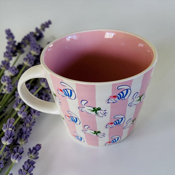 Très Chic French Cats Pink & White Striped Mug