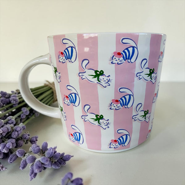 Très Chic French Cats Pink & White Striped Mug