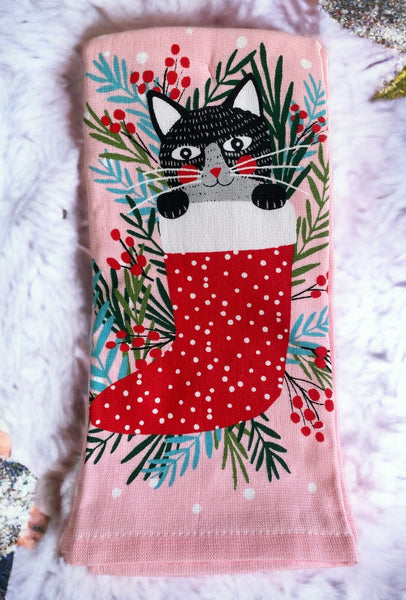 Pink Christmas Cat in Stocking Kitchen Towel Set