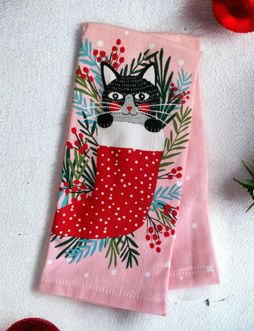 Pink Christmas Cat in Stocking Kitchen Towel Set