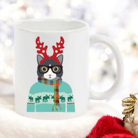 Hipster Gray Cat in Reindeer Antlers 11oz Coffee Mug