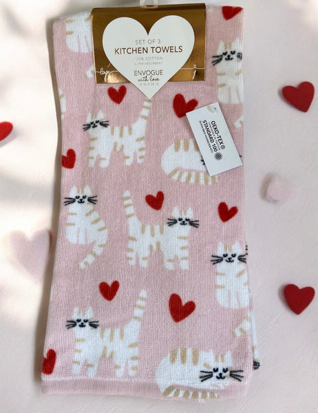 Orange Cream Tabby Cats & Hearts Kitchen Towel Set