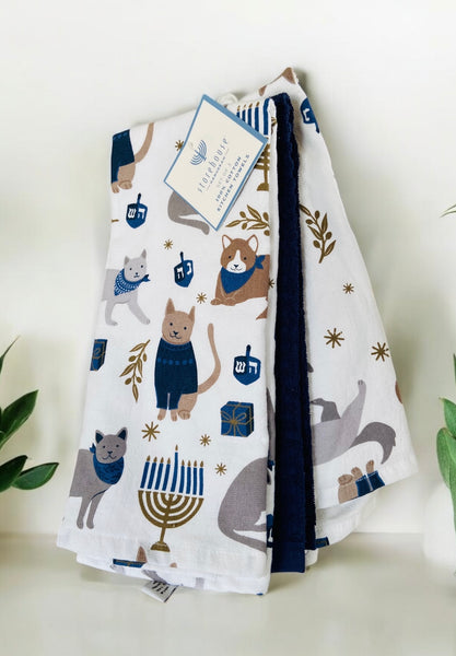 Chanukah Cats Menorah & Dreidel Kitchen Towel Set