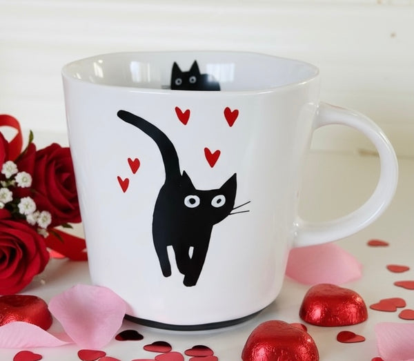 Hand painted Black Cat & Hearts Coffee Mug - The Good Cat Company