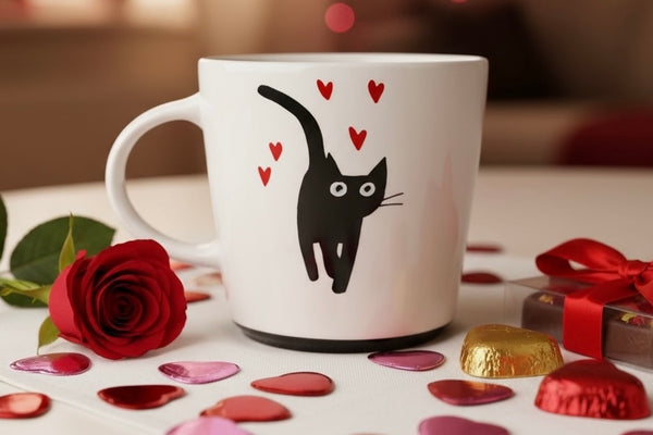 Hand painted Black Cat & Hearts Coffee Mug - The Good Cat Company